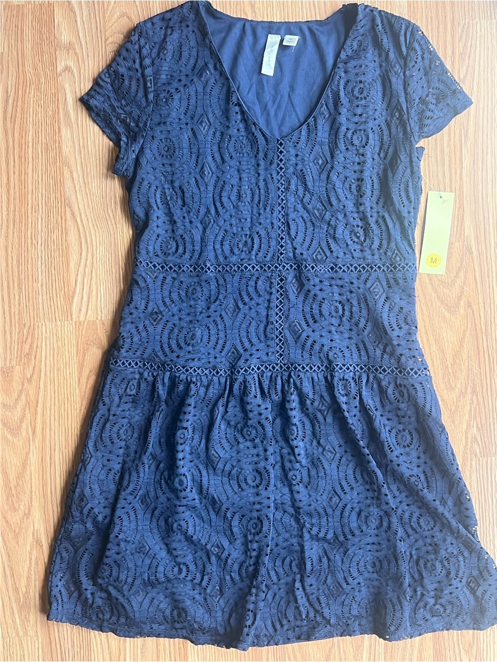 Tacera Navy Blue Lace Short-Sleeve Dress